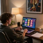 Online gambling at TR88 with a player enjoying a colorful slot game on laptop