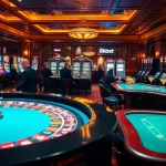 Exciting 8kbet casino scene featuring roulette and slots amidst vibrant luxury.
