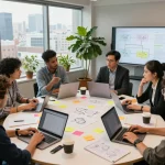 Collaborative business team at https://mb66.date/ discussing project ideas in a modern workspace.
