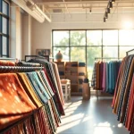 Bekijk stoffen webshop Nederland met een stijlvolle opstelling van textielstalen en warme verlichting.