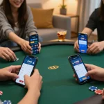 Players using CM88 app for online poker strategy in a cozy living room setting