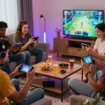Mobile porn game enthusiasts enjoying diverse experiences in a vibrant living room setting.