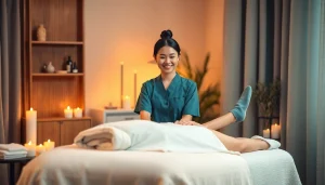아늑한 환경에서 제공되는 평택출장마사지 서비스의 평온한 풍경으로, 미소 짓는 치료사와 편안한 고객이 등장합니다.