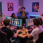 Friends enjoying an engaging gaming night at home, featuring ko66.com on their screens.
