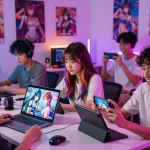 Players engaging with exciting hentai games on various devices in a vibrant gaming space.