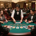 Tài xỉu MD5 gameplay at a stylish casino table, players intensely strategizing their bets.
