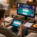 Nhatvip online gaming experience with a player enjoying poker on a tablet in a cozy home setting.