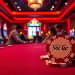 Gambling excitement at a luxurious casino table featuring players immersed in Xôi lạc-themed poker actions.