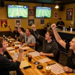 Engaged sports bettors celebrating wins while placing bets using SC88 mobile app amidst lively sports bar atmosphere