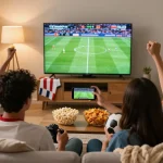 Friends cheering together while watching football on https://cakhiatvz.live/ in a cozy living room.