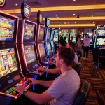 Players strategically engaging with SLOT machines, vibrant casino floor atmosphere, celebrating wins.