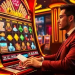 Excited player engaging with an IDN slot machine in a luxurious casino setting.