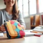 Handytasche Klassenzimmer in lebhafter Lernumgebung mit Smartphone und Schulsachen.