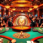 Excited players celebrating their wins at壹發娛樂 casino, featuring poker tables, roulette wheel, and vibrant atmosphere.