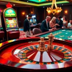 Experience the thrill of LuckyWin with an upscale casino scene showcasing roulette and poker.