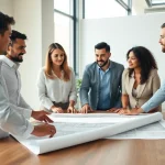 Contact residential architect Boston discussing designs with clients in a modern office setting.