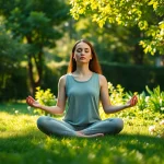 Visualize techniques to manage stress and anxiety through meditation in a peaceful outdoor setting.