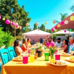 Outdoor Party Rentals in a lively outdoor celebration setting with colorful decor and happy guests.
