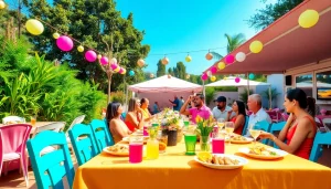 Outdoor Party Rentals in a lively outdoor celebration setting with colorful decor and happy guests.