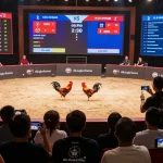 Watching đá gà trực tiếp thomo on a live streaming platform, featuring intense rooster matches and commentator engagement.
