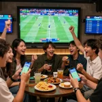 Exciting gathering for sports betting on thể thao Goal123 platform, friends cheering for teams in vibrant lounge.