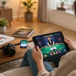 Engaging in online gambling with 789win app on tablet while relaxing at home