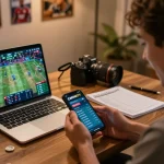 Engaged user placing bets on CAKHIATV smartphone while studying sports stats and strategy notes.