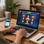 Player enjoying online slots at gg88 com in a cozy home gaming setup with laptop and strategies.