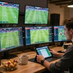 SOCOLIVE users engaging in real-time sports betting on multiple screens, showcasing an exciting betting atmosphere.