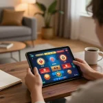Engaging in online gaming at 壹發娛樂 on a tablet in a cozy home environment