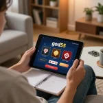 Engaging with the god55 casino on a tablet while enjoying a cozy home atmosphere.