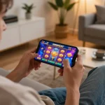 Player enjoying a mobile casino experience with gg88 on smartphone in a modern living room