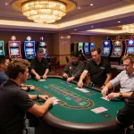 VA88 blackjack players placing bets at a lively casino table with vibrant lighting and luxurious decor.