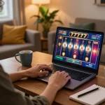 Player enjoying a lively slot777 game on laptop while relaxing at home, showcasing vibrant online gameplay.