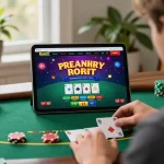 Player enjoying an engaging f8bet online blackjack game on a tablet at home, emphasizing strategy.