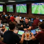 Engaged bettors analyzing kết quả bóng đá in dynamic sports betting scene with screens showing live matches.