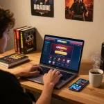 Engaged player using open88c on a laptop, surrounded by gaming strategies and cozy atmosphere.