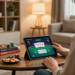Player immersed in online casino gaming at home with bj88bj interface visible