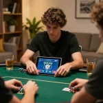 Player engaging in a strategic online poker game using 789f app on a tablet in a cozy setting.