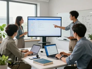 团队在明亮现代的办公室中使用有道词典进行无缝翻译
