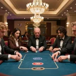 Players engaging intensely at a high-stakes poker game at nhacaiuytin casino, capturing luxury and excitement