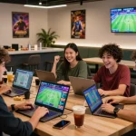 VN88 online gaming group engaged in sports betting and casino games, vibrant social atmosphere.