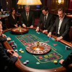 Kuwin players engaging in a thrilling live dealer roulette game, showcasing bets and chips at an upscale casino.