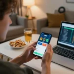 Engaging user placing bets on MB66 mobile app during exciting sports matches at home.