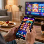 Engaging with MK8 gaming app in a cozy home setting, showcasing vibrant online casino action.