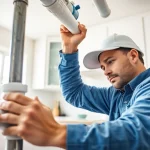 Explore whole house repiping services Tampa with a plumber inspecting new pipes in a bright kitchen.