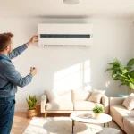 A technician installing a mini split ac in a modern living room, showcasing sleek design and comfort.
