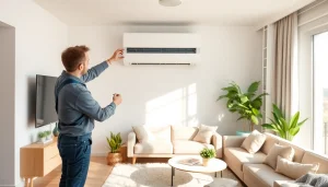 A technician installing a mini split ac in a modern living room, showcasing sleek design and comfort.