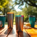 Stylish tumblers on a wooden table showcasing vivid colors and materials.