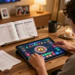 Player engaging with a fly 88 roulette app on a tablet in a cozy home setting, enhancing online gaming experience.